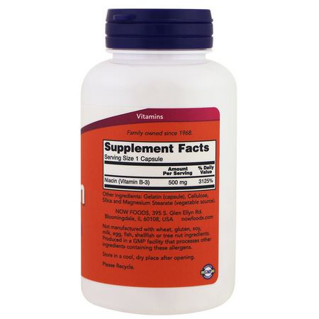B3 Niacin, Vitamin B, Vitaminer, Kosttillskott: Now Foods, Niacin, 500 mg, 100 Capsules