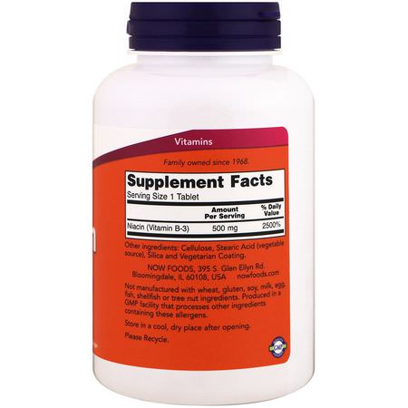 B3 Niacin, Vitamin B, Vitaminer, Kosttillskott: Now Foods, Niacin, 500 mg, 250 Tablets