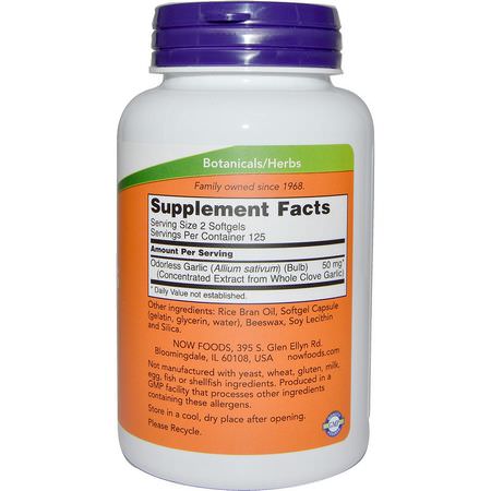 Vitlök, Homeopati, Örter: Now Foods, Odorless Garlic, Concentrated Extract, 250 Softgels