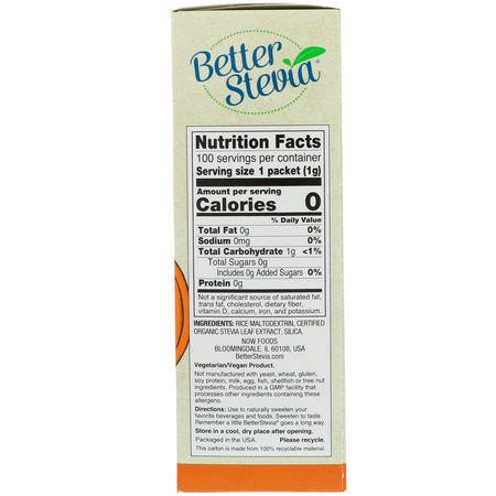 Stevia, Sötningsmedel, Honung: Now Foods, Organic Better Stevia, Zero-Calorie Sweetener, Original, 100 Packets, 3.5 oz (100 g)