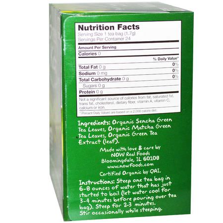 Sencha Te, Grönt Te: Now Foods, Organic Real Tea, Green Kick, 24 Tea Bags, 1.44 oz (41 g)