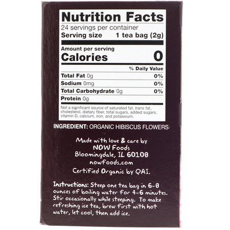 Örtte: Now Foods, Organic Real Tea, Organically Hip Hibiscus, Caffeine-Free, 24 Tea Bags, 1.7 oz (48 g)