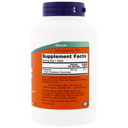 Kalium, Mineraler, Kosttillskott: Now Foods, Potassium Gluconate, 99 mg, 250 Tablets