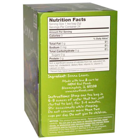 Medicinska Teer, Örtte Te: Now Foods, Real Tea, Senna, Caffeine-Free, 24 Tea Bags, 1.7 oz (48 g)
