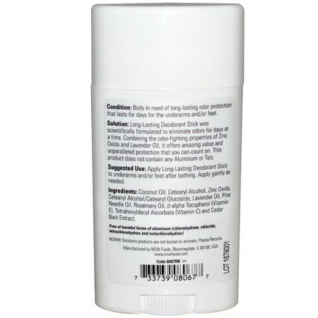 Deodorant, Bath: Now Foods, Solutions, Long-Lasting Deodorant Stick, Refreshing Lavender, 2.2 oz (62 g)