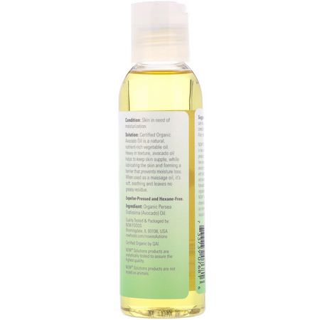 Avocado Massage Oil, Massage Oljor, Body, Bath: Now Foods, Solutions, Organic Avocado Oil, 4 fl oz (118 ml)