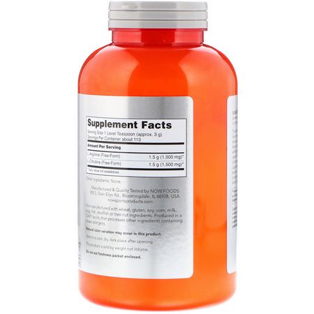 L-Citrulline, L-Arginine, Aminosyror, Kosttillskott: Now Foods, Sports, Arginine & Citrulline Powder, 12 oz (340 g)