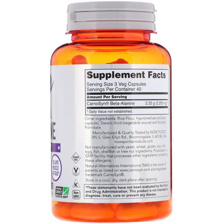 Beta-Alanin, Aminosyror, Kosttillskott: Now Foods, Sports, Beta-Alanine, Endurance, 750 mg, 120 Veg Capsules