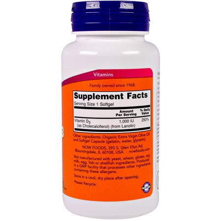D3 Cholecalciferol, D-Vitamin, Vitaminer, Kosttillskott: Now Foods, Vitamin D-3 High Potency, 1,000 IU, 180 Softgels
