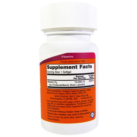 D3 Cholecalciferol, D-Vitamin, Vitaminer, Kosttillskott: Now Foods, Vitamin D-3 High Potency, 10,000 IU, 120 Softgels
