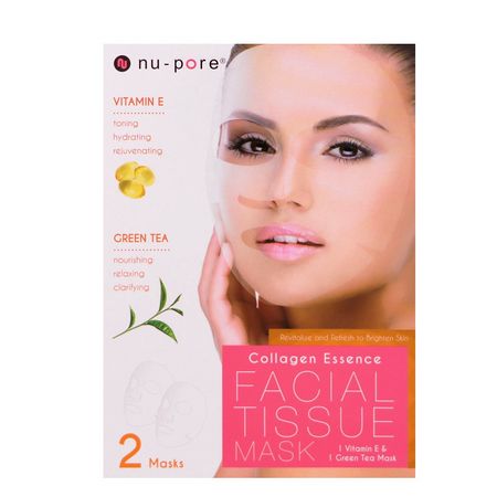 Ljusare Masker, Fuktande Masker, Skal, Ansiktsmasker: Nu-Pore, Collagen Essence Face Mask Set, Vitamin E & Green Tea, 2 Single-Use Masks, 0.85 fl oz (25 g) Each