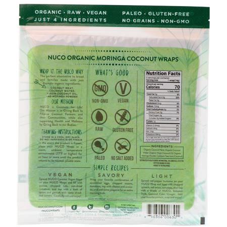 Inslag, Bröd, Säd, Ris: NUCO, Organic Coconut Wraps, Moringa, 5 Wraps (14 g) Each