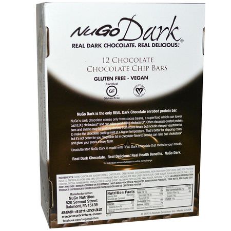 Näringsstänger: NuGo Nutrition, NuGo Dark, Protein Bars, Chocolate Chocolate Chip, 12 Bars, 1.76 oz (50 g) Each