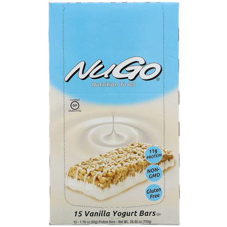 Snackstänger, Näringsstänger: NuGo Nutrition, Nutrition To Go, Vanilla Yogurt, 15 Bars, 1.76 oz (50 g) Each