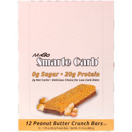 Viktminskningsbarer, Kost, Brownies, Kakor: NuGo Nutrition, Smarte Carb, Peanut Butter Crunch Bars, 12 Bars, 1.76 oz (50 g) Each