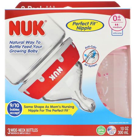 Bröstvårtor, Babyflaskor, Barnmatning, Barn: NUK, Bottle with Perfect Fit Nipple, 0+ Months, Medium, Pink, 3 Wide-Neck Bottles, 10 oz (300 ml) Each