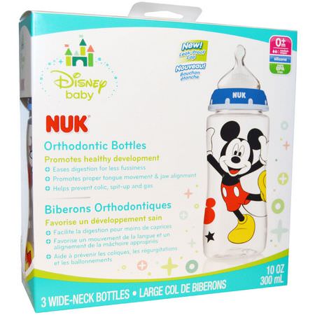 Bröstvårtor, Babyflaskor, Barnmatning, Barn: NUK, Disney Baby, Orthodontic Bottles, Medium, Blue, 0+ Months, 3 Bottles, 10 oz (300 ml) Each