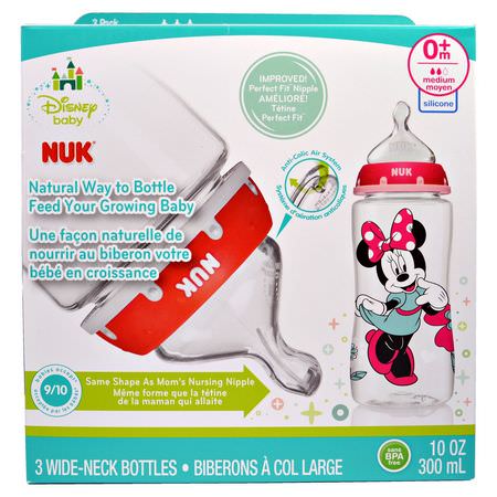 Bröstvårtor, Babyflaskor, Barnmatning, Barn: NUK, Disney Baby, Wide-Neck Bottles, Medium, 0+ Months, Pink, 3 Bottles, 10 oz (300 ml) Each