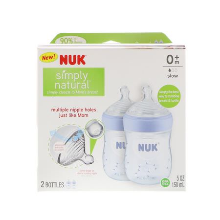 Bröstvårtor, Babyflaskor, Barnmatning, Barn: NUK, Simply Natural, Bottles, Boy, 0+ Months, Slow, 2 Pack, 5 oz (150 ml) Each