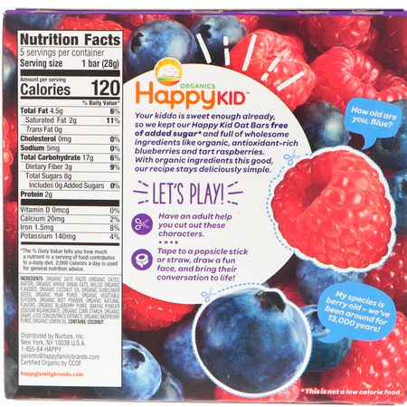 Fingermat, Barer, Mellanmål, Barnmatning: Happy Family Organics, Happy Kid, Blueberry + Raspberry, Fruit & Oat Bar, 5 Bars, 0.99 oz (28 g) Each