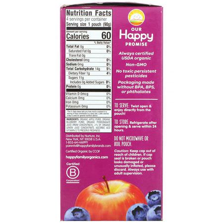 Måltider, Puréer, Påsar, Barnfoder: Happy Family Organics, Happy Kid, Organic Apple, Blueberry & Pomegranate, 4 Pouches, 3.17 oz (90 g) Each