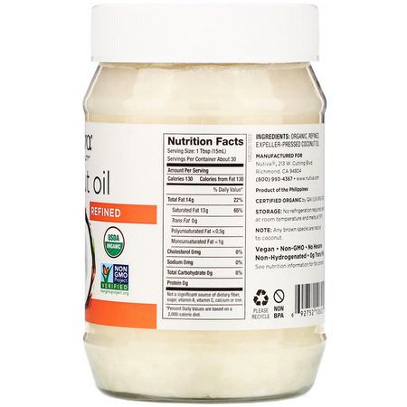 Kokosolja, Kokosnöttillskott: Nutiva, Organic Coconut Oil, Refined, 15 fl oz (444 ml)