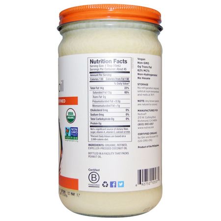 Kokosnötsolja, Kokosnöttillskott: Nutiva, Organic Coconut Oil, Refined, 23 fl oz (680 ml)