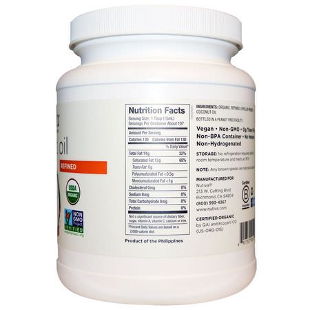 Kokosolja, Kokosnöttillskott: Nutiva, Organic Coconut Oil, Refined, 54 fl oz (1.6 l)