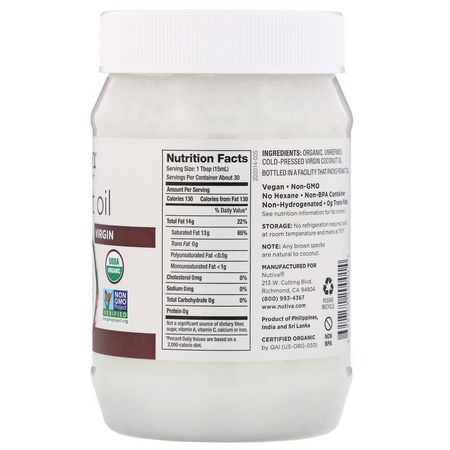 Kokosnötsolja, Kokosnöttillskott: Nutiva, Organic Coconut Oil, Virgin, 15 fl oz (444 ml)