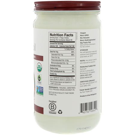 Kokosnötsolja, Kokosnöttillskott: Nutiva, Organic Coconut Oil, Virgin, 23 fl oz (680 ml)