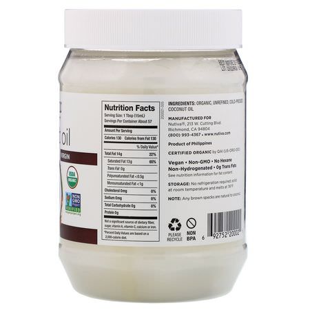 Kokosnötsolja, Kokosnöttillskott: Nutiva, Organic Coconut Oil, Virgin, 29 fl oz (858 ml)