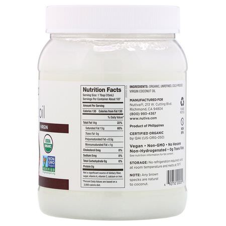 Kokosnötsolja, Kokosnöttillskott: Nutiva, Organic Coconut Oil, Virgin, 54 fl oz (1.6 L)