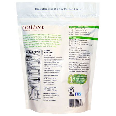 Hampfrön, Nötter: Nutiva, Organic Hemp Seed Raw Shelled, 12 oz (340 g)