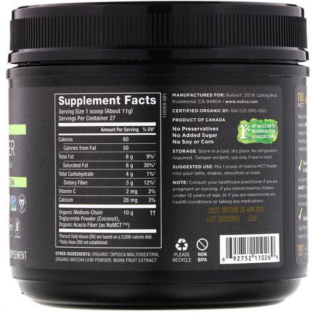 Prebiotic Fiber Inulin, Fiber, Digestion, Mct Oil: Nutiva, Organic MCT Powder, Matcha, 10.6 oz (300 g)