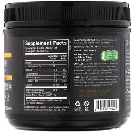 Prebiotic Fiber Inulin, Fiber, Digestion, Mct Oil: Nutiva, Organic MCT Powder, Vanilla, 10.6 oz (300 g)