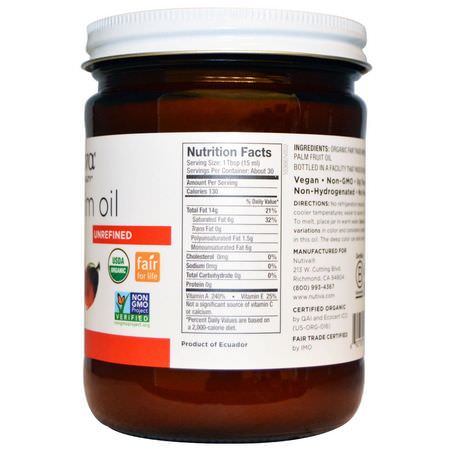 Vingrön, Oljor: Nutiva, Organic Red Palm Oil, Unrefined, 15 fl oz (444 ml)