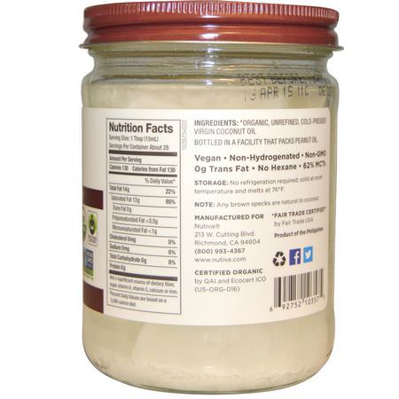 Kokosnötsolja, Kokosnöttillskott: Nutiva, Organic Coconut Oil, Virgin, 14 fl oz (414 ml)