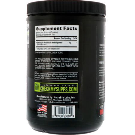 Mikroniserad Kreatinmonohydrat, Kreatin, Muskelbyggare: NutraBio Labs, Creatine Monohydrate, 1.1 lb (500 g)
