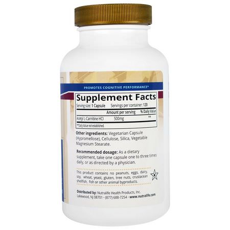 Acetyl L-Karnitin, Aminosyror, Kosttillskott: NutraLife, Acetyl L-Carnitine HCI, 500 mg, 120 Capsules