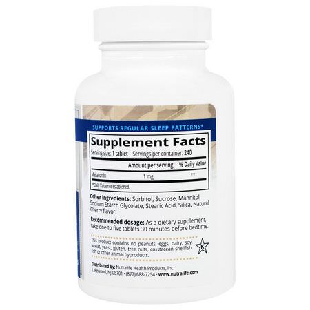 Melatonin, Sömn, Kosttillskott: NutraLife, Melatonin, 1 mg, 240 Easy Chew Tablets