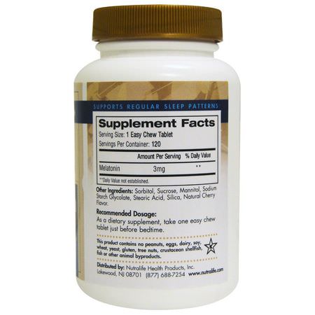 Melatonin, Sömn, Kosttillskott: NutraLife, Melatonin, 3 mg, 120 Easy Chew Tablets