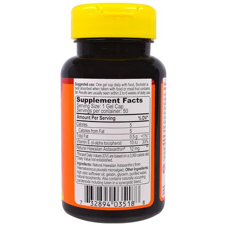 Astaxanthin, Antioxidants, Supplements: Nutrex Hawaii, BioAstin, Hawaiian Astaxanthin, 12 mg, 50 Gel Caps