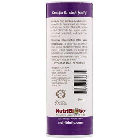 Hudbehandling, Fotvård, Bad: NutriBiotic, Body & Foot Powder with Grapefruit Seed Extract & Lavender Oil, Lavender, 4 oz (113 g)