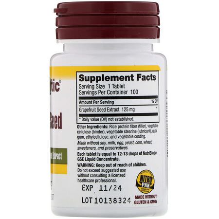 Grapefruktfrö Extrakt, Antioxidanter, Kosttillskott: NutriBiotic, Grapefruit Seed Extract, 125 mg, 100 Tablets