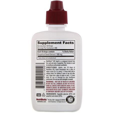 Grapefruktfrö Extrakt, Antioxidanter, Kosttillskott: NutriBiotic, GSE, Grapefruit Seed Extract, Liquid Concentrate, 2 fl oz (59 ml)