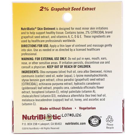 Hudbehandling, Salvor, Tematik, Första Hjälpen: NutriBiotic, Skin Ointment, 2% Grapefruit Seed Extract with Lysine, .5 fl oz (15 ml)