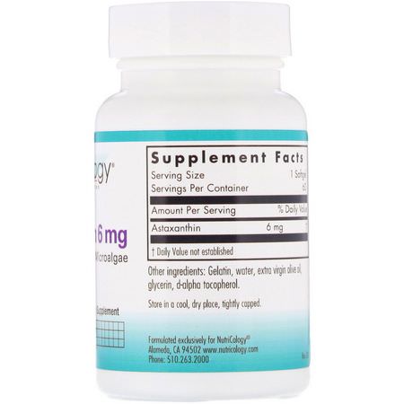 Astaxanthin, Antioxidants, Supplements: Nutricology, Astaxanthin, 6 mg, 60 Softgels