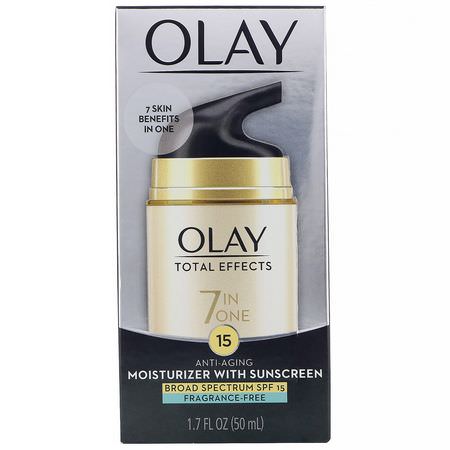 Ansiktssolkräm, Solvård, Bad, Ansiktsfuktare: Olay, Total Effects, 7-in-One Anti-Aging Moisturizer with Sunscreen, SPF 15, Fragrance-Free, 1.7 fl oz (50 ml)
