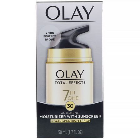 Ansiktssolkräm, Solvård, Badkar, Ansiktsfuktare: Olay, Total Effects, 7-in-One Anti-Aging Moisturizer with Sunscreen, SPF 30, 1.7 fl oz (50 ml)