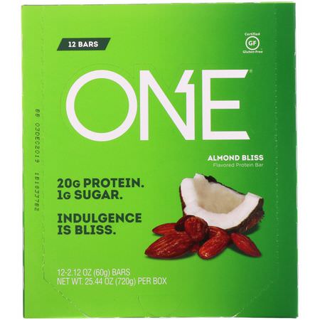 Mjölkproteinbarer, Vassleproteinbarer, Proteinbarer, Brownies: One Brands, One Bar, Almond Bliss, 12 Bars, 2.12 oz (60 g) Each